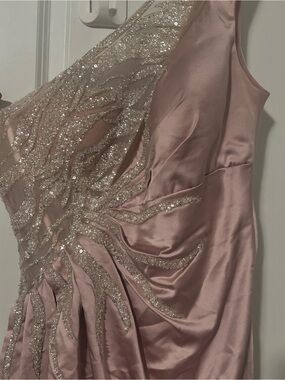 One-Shoulder Satin Evening Gown in Dusty Rose with Glitter Appliqué